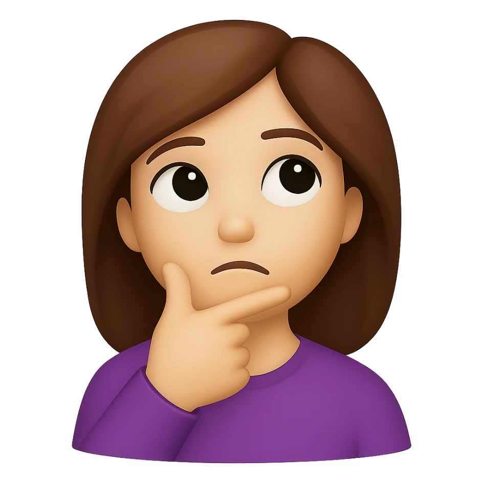 Create an image of a thinking face emoji looking up with hand on chin, styled as a woman, in the Apple emoji style. The background should be removed, isolating the subject. sticker