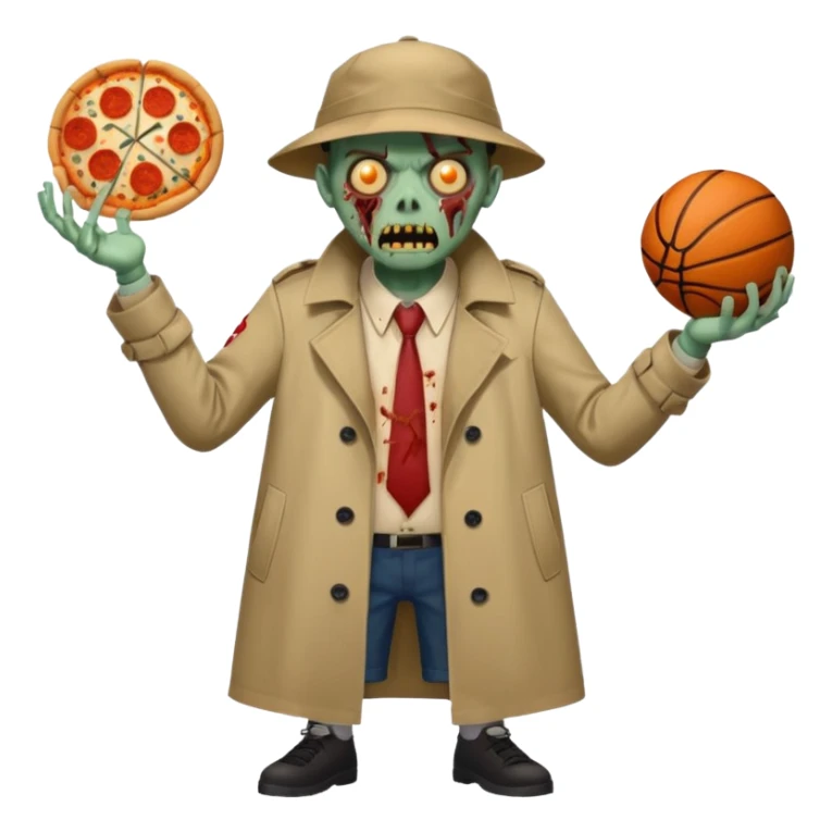 a glitch abomination with hands for a head, a baskeball stomach, pizza eyes, eyepatch, and zombie wounds, wearing trench coat sticker