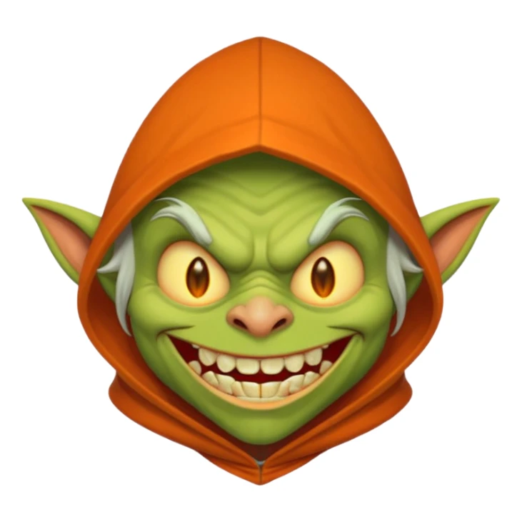 Hobgoblin-style goblin face emoji, orange hood, evil grin, sharp teeth, expressive Apple-style emoji sticker
