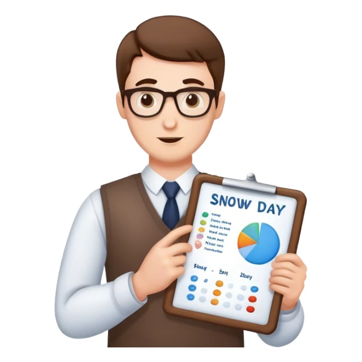male teacher holding a chart predicting a snow day sticker