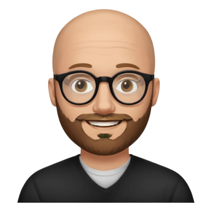 emoji 32-year-old white man, bald with a brown beard, wearing round black glasses sticker