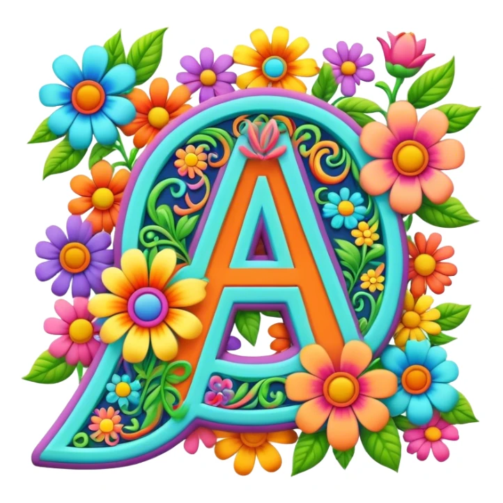 3D style, psychedelic colored Letter A with hippie style flower border sticker