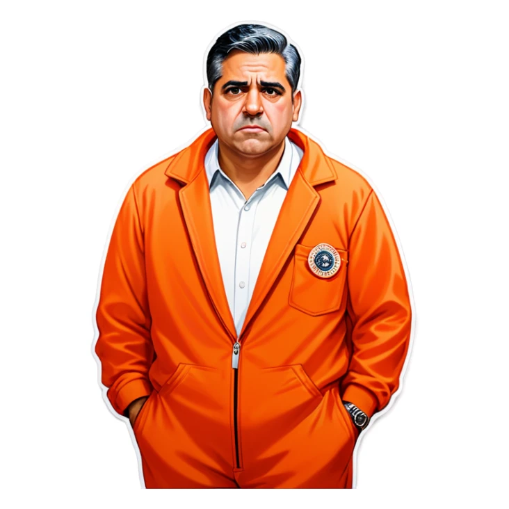 Make US congressman Robert Garcia cuffed in an orange jumpsuit looking mad that he got caught make him the most realistic as you can sticker