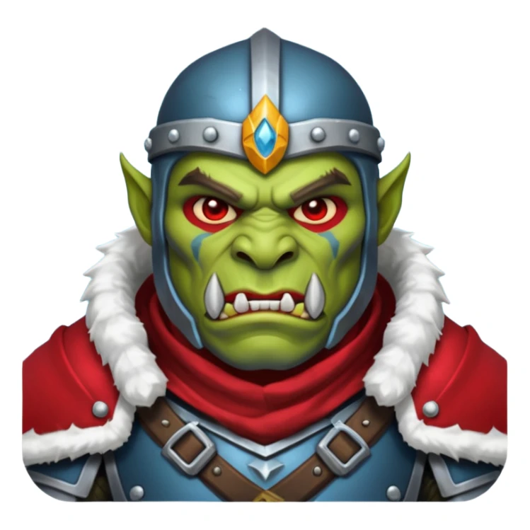 Fantasy Christmas orc legion soldier icon, iron tundra army theme, heavy winter armor, disciplined brutal look, dark icy steel armor with bold crimson cloth and markings, cold blue shadows, high contrast, clean emoji portrait style
 sticker