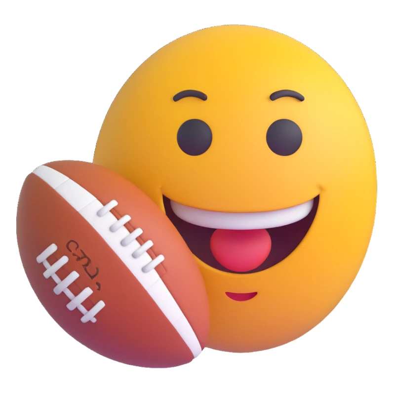 3D smiley emoji, round shape, with rugby ball, sporty face sticker