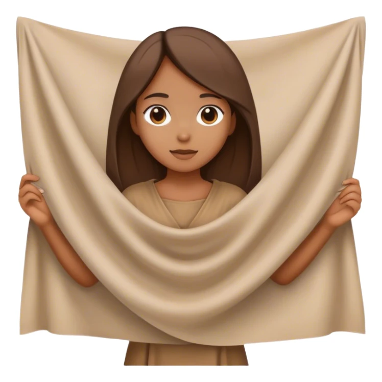 girl in brown tunic holding a large white piece of cloth sticker