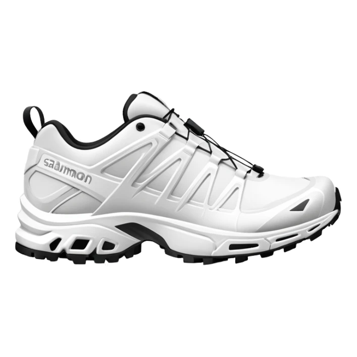 Completely all-white Salomon XT-6 shoes with no colored details whatsoever, one positioned behind the other, pure white minimalist design, iOS emoji style sticker