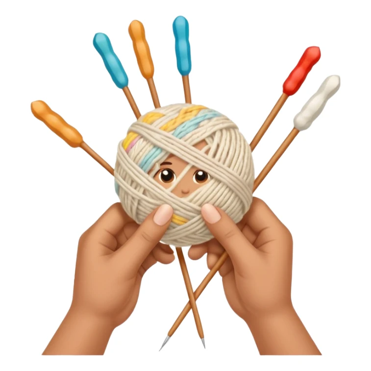 hands holding 2 knitting needles (1 on the right hand and another one on the left hand) with a ball of knitting thread (without a person's face) sticker