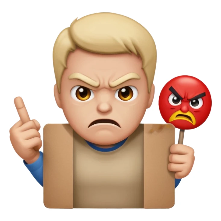 A protester with a sign with an angry face on the sign sticker