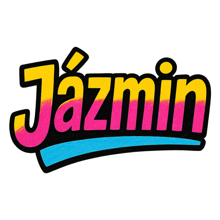 Jázmin name in modern colorful gradient font with dark outline, dynamic slanted or partial underline, in the style of reference patterns sticker