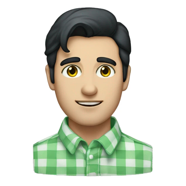 Man with black hair and a gingham white/blue buttoned collar shirt/green eyes sticker