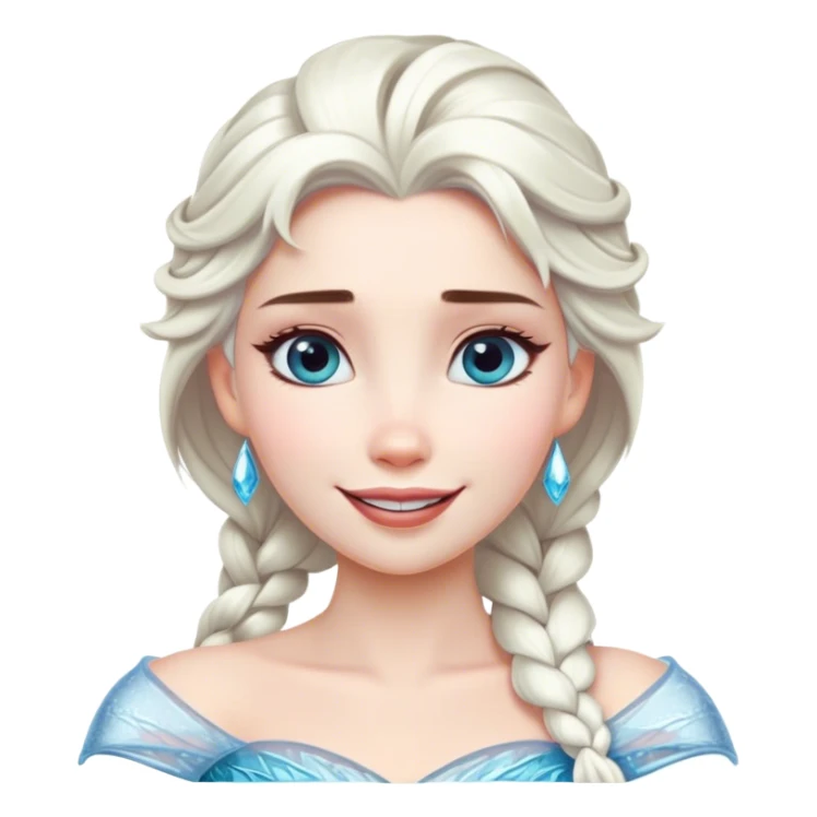 Cinematic Radiant Snow Queen Portrait Emoji, rendered in a realistic, vector style with clean proportions. Show Elsa with a gentle, confident smile, icy pale skin, and luxuriously styled platinum hair, her expression calm and regal. The image glows with a soft, enchanting icy luminescence, high shine, and is accented by a soft glowing outline that enhances her ethereal beauty. sticker
