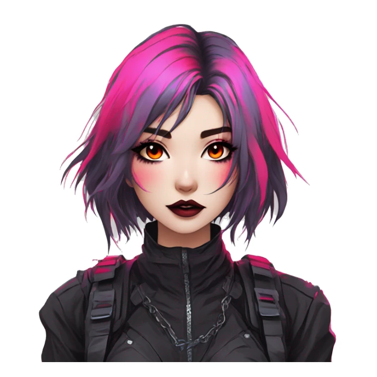 Gorgeous bright colorful neon gothic techwear anime style lady with blushing face aesthetic and pretty edgy black red punk messy hair with collar and harness trending style sticker