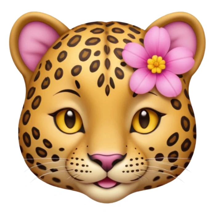 A cutE leopard face with EYES CLOSED and a peaceful smile. A pink flower with a yellow center is tucked behind its right ear sticker