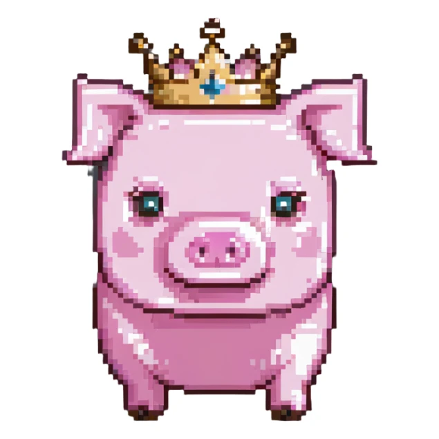 Minecraft pig full body pink blocky animal with square head wearing a crown sticker