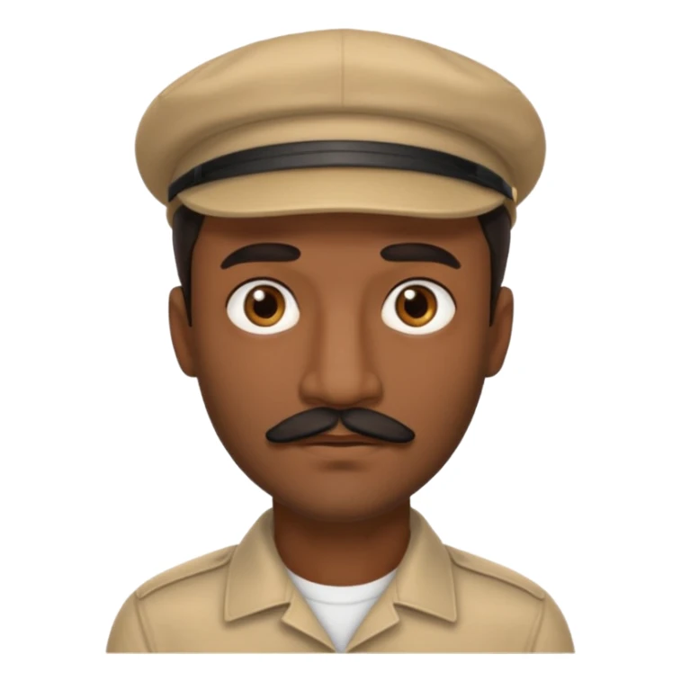 A dark-skinned man with a beige cap, brown eyes, and a thin black mustache. sticker