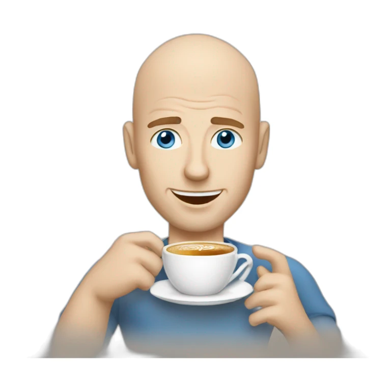 White man with bald head and blue eyes drinking cappuccino sticker