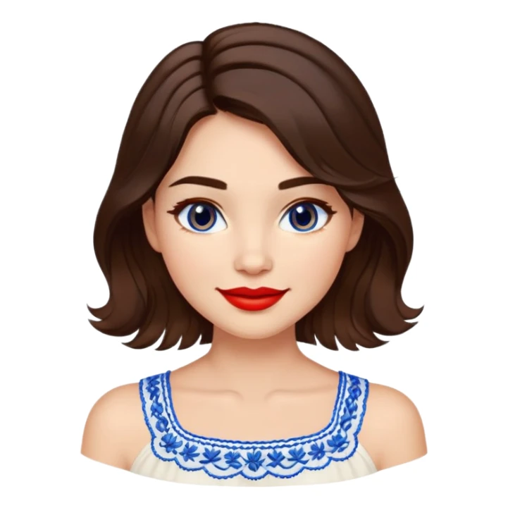 Enthusiastic woman with healthy glowing skin, round cheeks, warm smile, expressive light brown eyes, red lipstick, wavy dark brown shoulder-length hair, summery white top with blue embroidery and electric blue neckline sticker