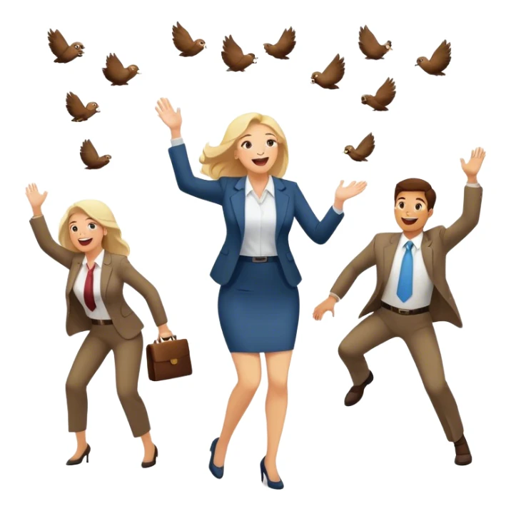 Poop flying everywhere executives trying to catch it as another women worker laugh looking on l sticker