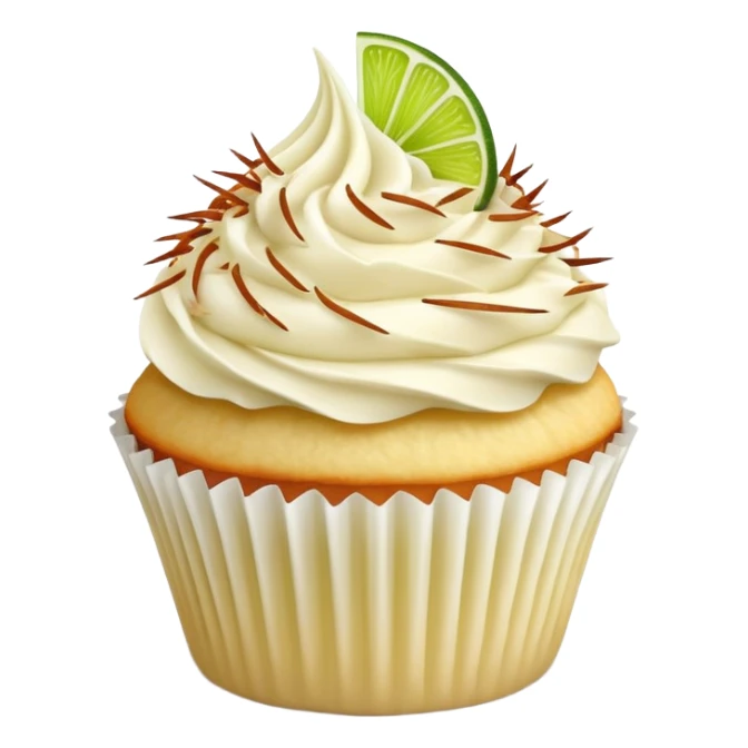 Vanilla cupcake with vanilla frosting with shredded toasted coconut on top and lime sticker