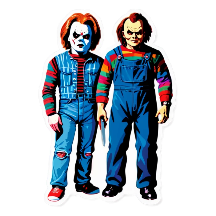 Jason and Freddy Kruegery standing next to each other with pinhead and chucky  sticker