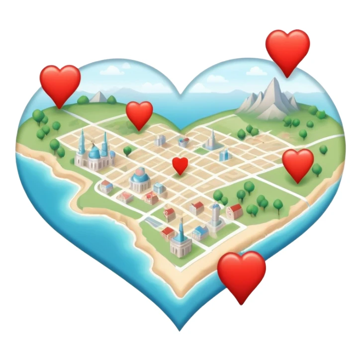 Detailed cartography map with soft ethereal coloring, containing red heart pins marking romantic locations and different symbols for other life experiences sticker