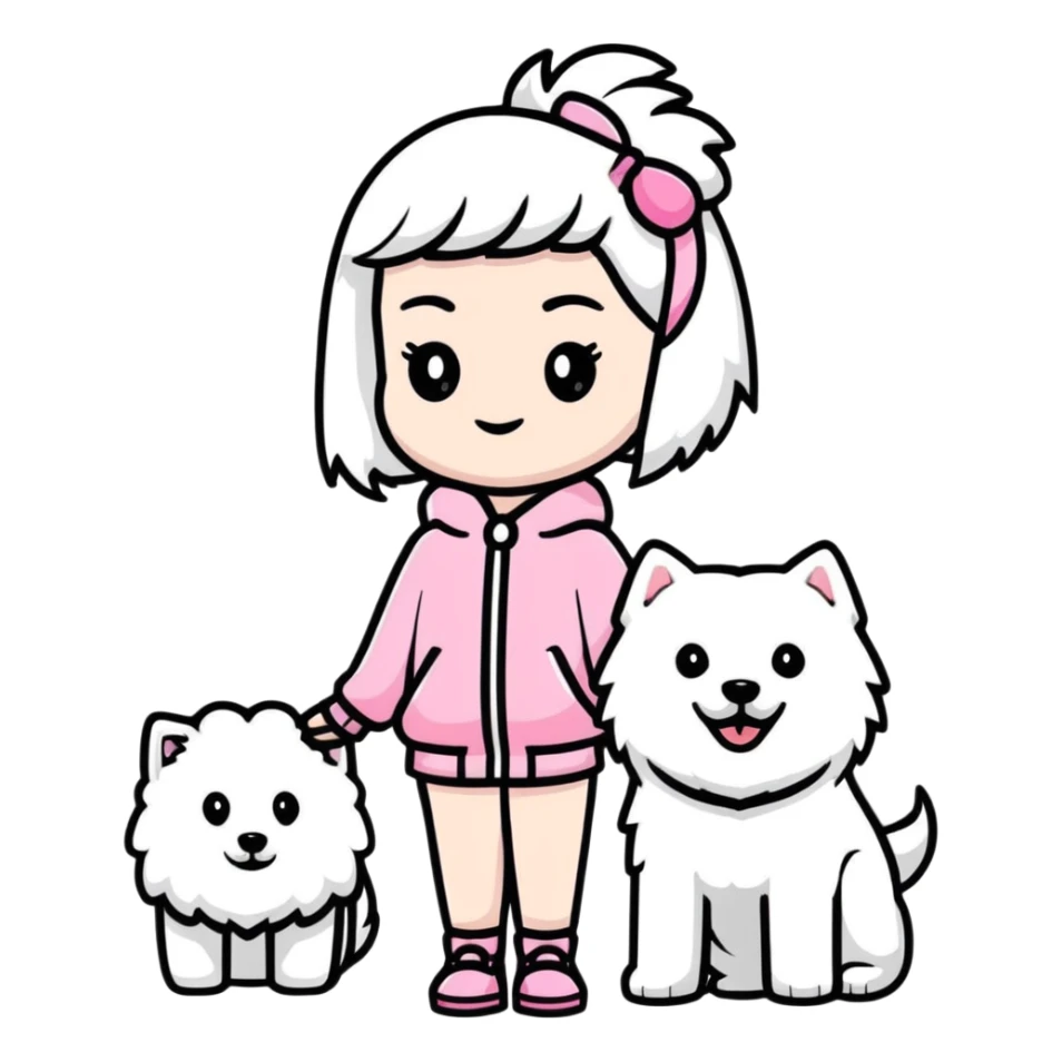 girl in pink Chanel-style outfit with white Samoyed dog sticker