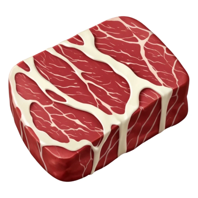 raw beef chuck steak, irregular oval, deep red, creamy white fat streaks, marbling, connective tissue, fresh, moist, thick, no plate, knife, garnish, soft lighting, emoji scale sticker