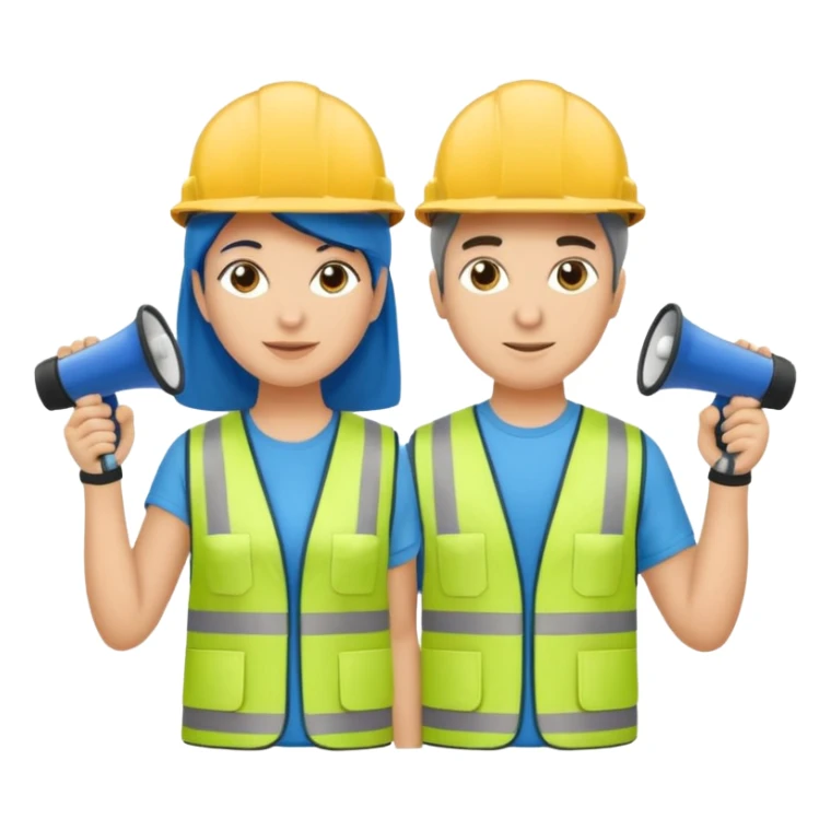 Duas pessoas com capacete de obras azul e um megafone na mão e camisa social cinza com faixas reflexivas verdes nos braços. Deve ser um homem e uma mulher. Os dois capacetes devem será azul escuro. sticker