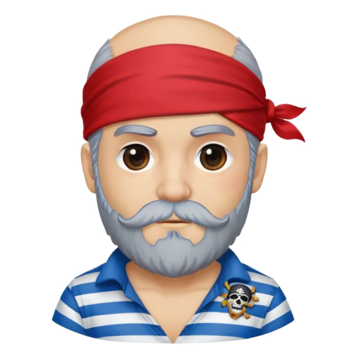 A cute pirate first mate, red bandana, eye patch, blue striped shirt, grey beard, logo, head only sticker
