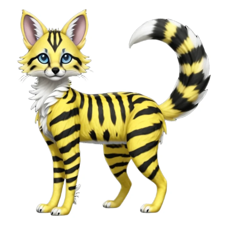 Edgy cool beautiful elegant spotted hype-realistic, black-maned, vibrant yellow Genet-Serval-Sergal-Margay-Fox-fusion-hybrid-furry-fursona, long muzzle snout, full body, with a long puffy fluffy black-and-white-striped tail, black long big ears, with natural blue eyes sticker