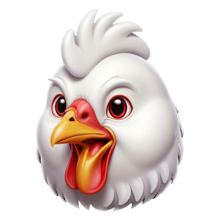 Cinematic Comical White Chicken Portrait Emoji, Head tilted dramatically with an exaggeratedly shocked or amused expression, featuring a sleek, immaculate white plumage with a prominent red comb, wide, expressive beady eyes filled with playful disbelief, Simplified yet hilariously expressive features, highly detailed, glowing with a slightly sassy glow, high shine, dramatic yet playful, stylized with an air of cheeky mischief, bright and endearing, soft glowing outline, capturing the essence of a spirited and over-the-top chicken, so meme-worthy it feels like it could cluck its way into internet fame instantly! sticker