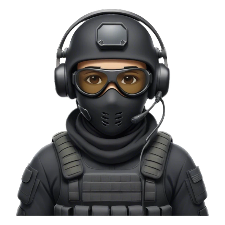 Futuristic special forces soldier wearing a white full-face balaclava, black wraparound sunglasses (only one pair of glasses), and a high-tech military headset with a microphone. Dressed in a dark tactical uniform with modern combat gear. sticker