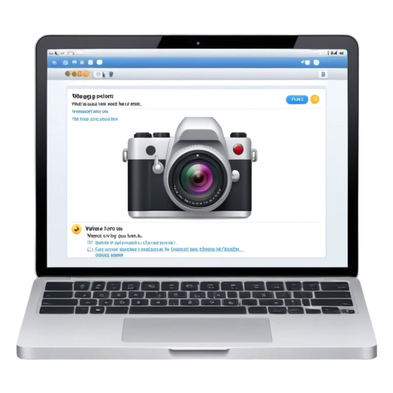 Create an emoji representing blogging. The design should feature an open laptop with a visible blog post on the screen, showing text. Add a photo or video camera to emphasize multimedia content. Do not include any emojis or smiley faces. Make the background transparent. sticker