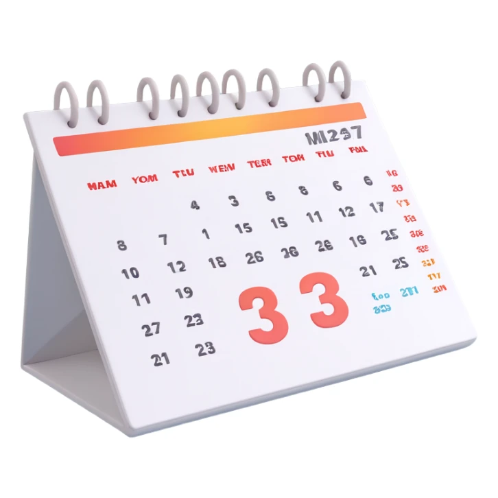 3D calendar, realistic, modern, with visible date blocks, soft shadows, floating effect sticker