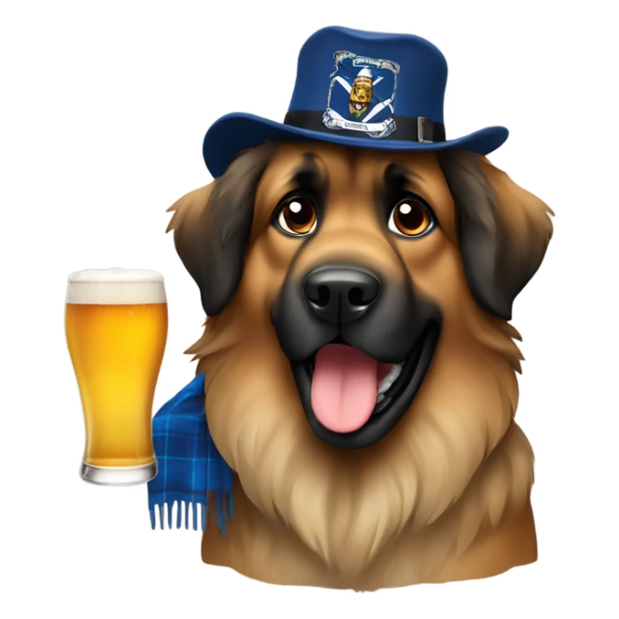 Leonberger dog holding a beer with a Scotland hat sticker