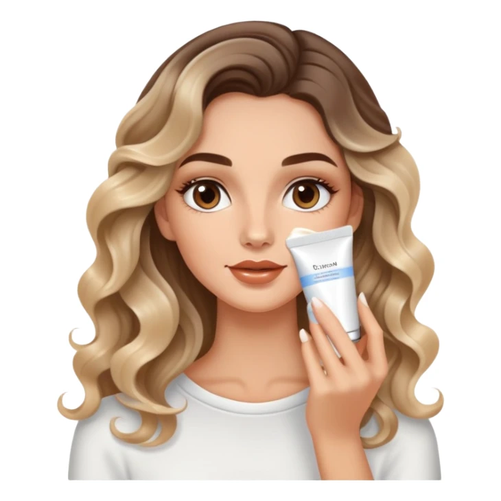 beautiful brunette with a slightly blonde balayage white girl with nice curls/defined waves, very long hair, clean girl makeup APPLYING A FACE CREAM ON HER FACE sticker