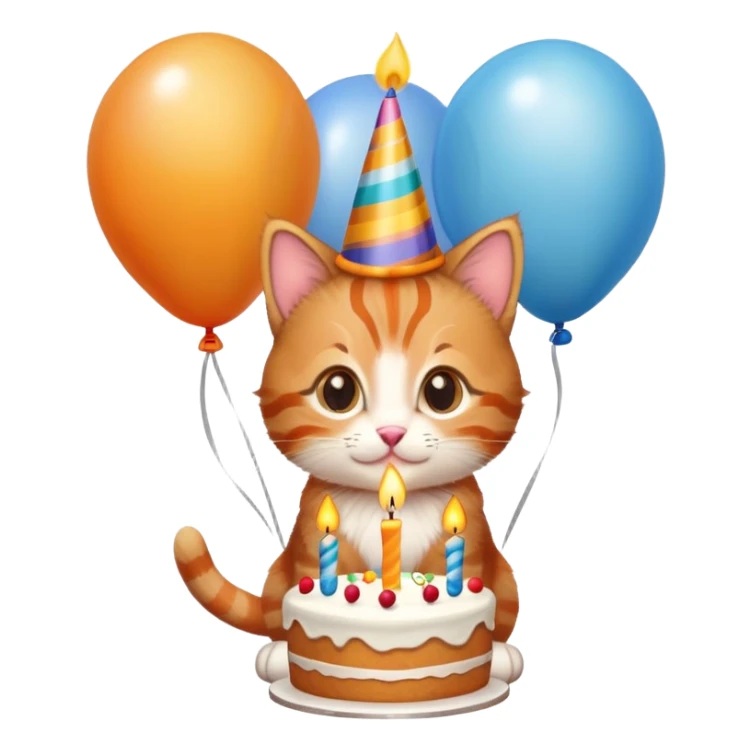 Ginger tabby kitten celebrates birthday, birthday hat, birthday cake, one candle, balloons, happy, gifts sticker