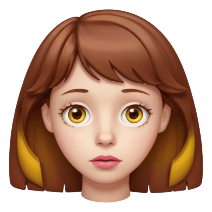 FAÇA UMA PERSONAGEM FOFA COM NARIZ DE BOLINHA AVERMELHADO CLARO E ZUMBI CABELO MARRON ONDULADO E FRANJA CURTA   COMO SE NÃO SOUBESSE OQ FEZ LÁBIOS CLAROS FECHADOS E OLHOS AMARELOS sticker