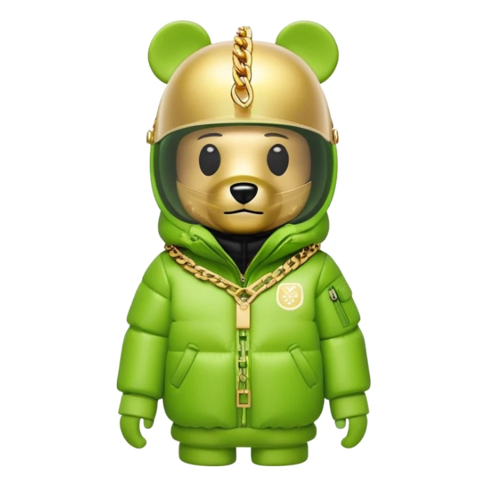bearbrick toy with lime balaclava tagged with logos, wearing oversized monolens ski-type visor shield covering eyes as one continuous piece, puffer jacket with fur, gold chains sticker