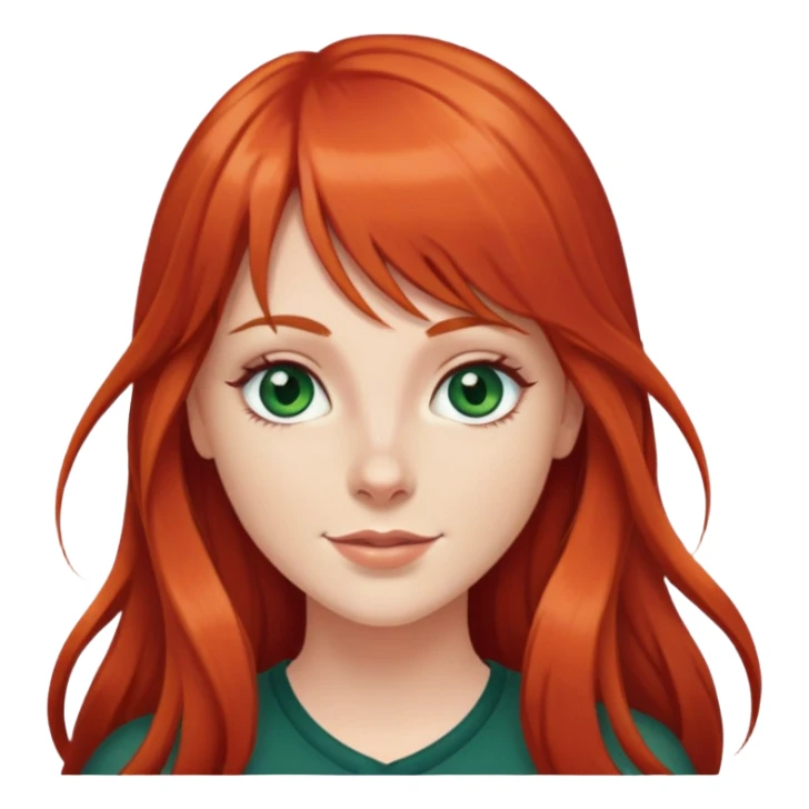 Long red hair white girl with bangs, dark green eyes, dimples  sticker