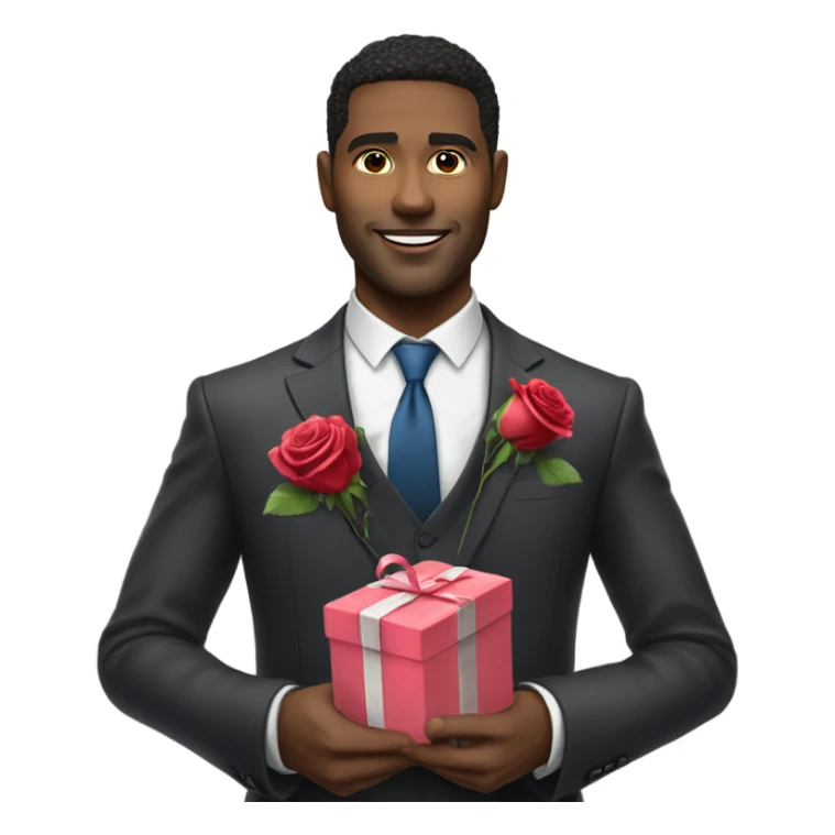 Hyper Realistic handsome man in suit holding roses and a heart shaped gift box sticker