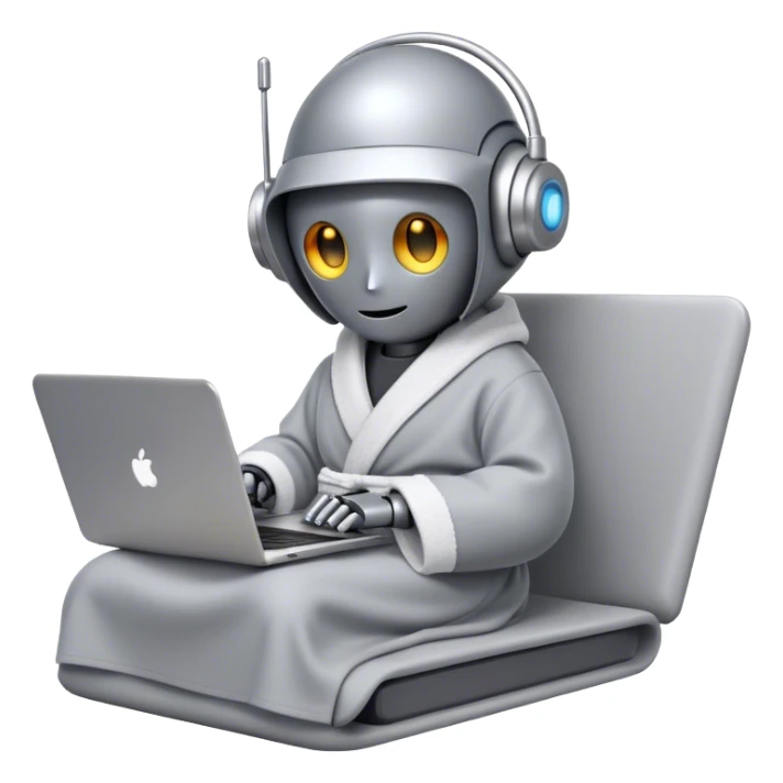 Emoji of a remote-working robot in a cozy smooth bathrobe with a laptop. The robot has a sleek helmet-like head with LED digital eyes. Relaxed yet high-tech vibe. sticker
