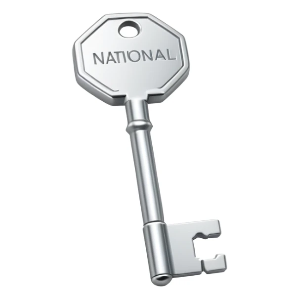 small silver metal key with hexagonal head and the word NATIONAL engraved, clean lines, soft silver tone, minimalistic and precise sticker