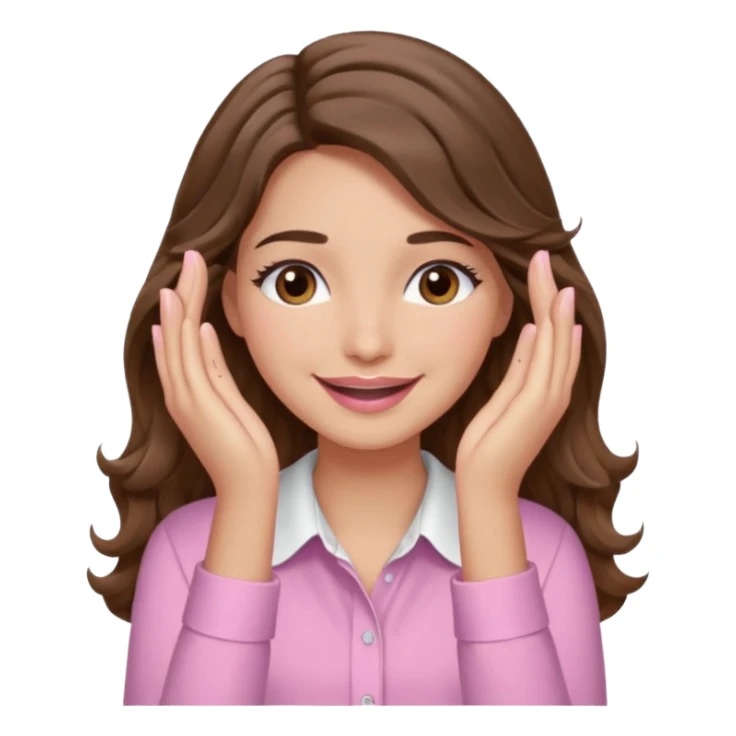 girl with wavy long brown hair, brown eyes, light to medium complexion, long lashes, light pink lipstick, wearing light pink shirt, smiling, hands covering both eyes sticker