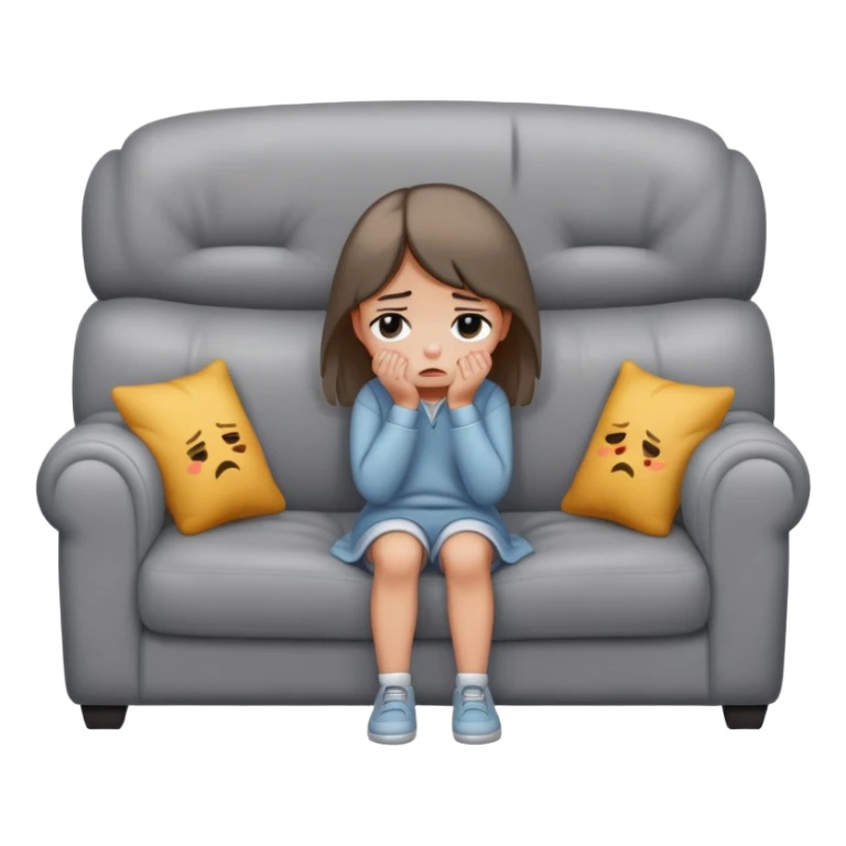 sad girl full body crying on the cozy grey couch  sticker