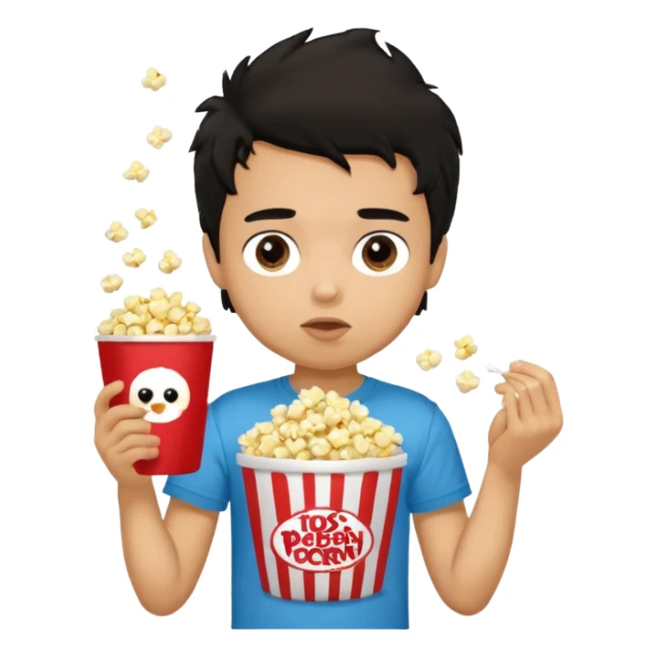 generate a pretty tan bratz boy with a brown tshirt on. eating popcorn. messy black hair sticker