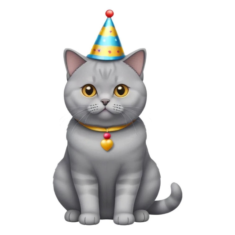 British Shorthair cat full body sitting with a party hat sticker