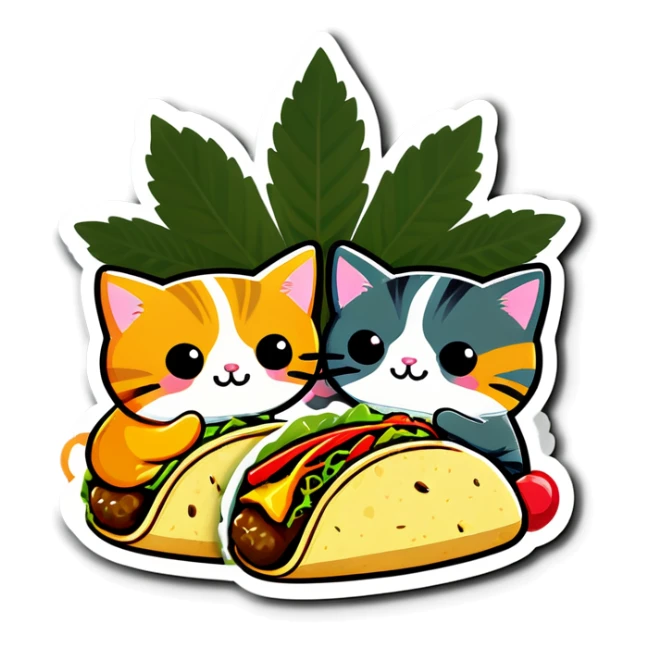 Kawaii Marijuana leaf and kittens eating tacos kawaii style  sticker