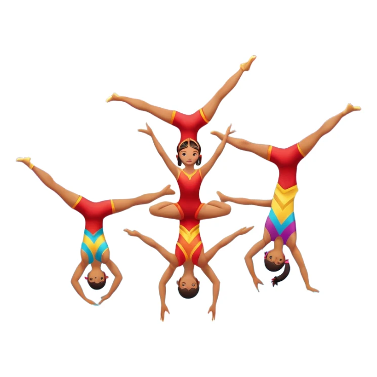 A group of acrobats performing a synchronized routine, balancing and flipping in mid-air. One acrobat is upside down while another supports them, with bright stage lighting illuminating their graceful movements against a colorful backdrop. The floor is padded for safety. sticker